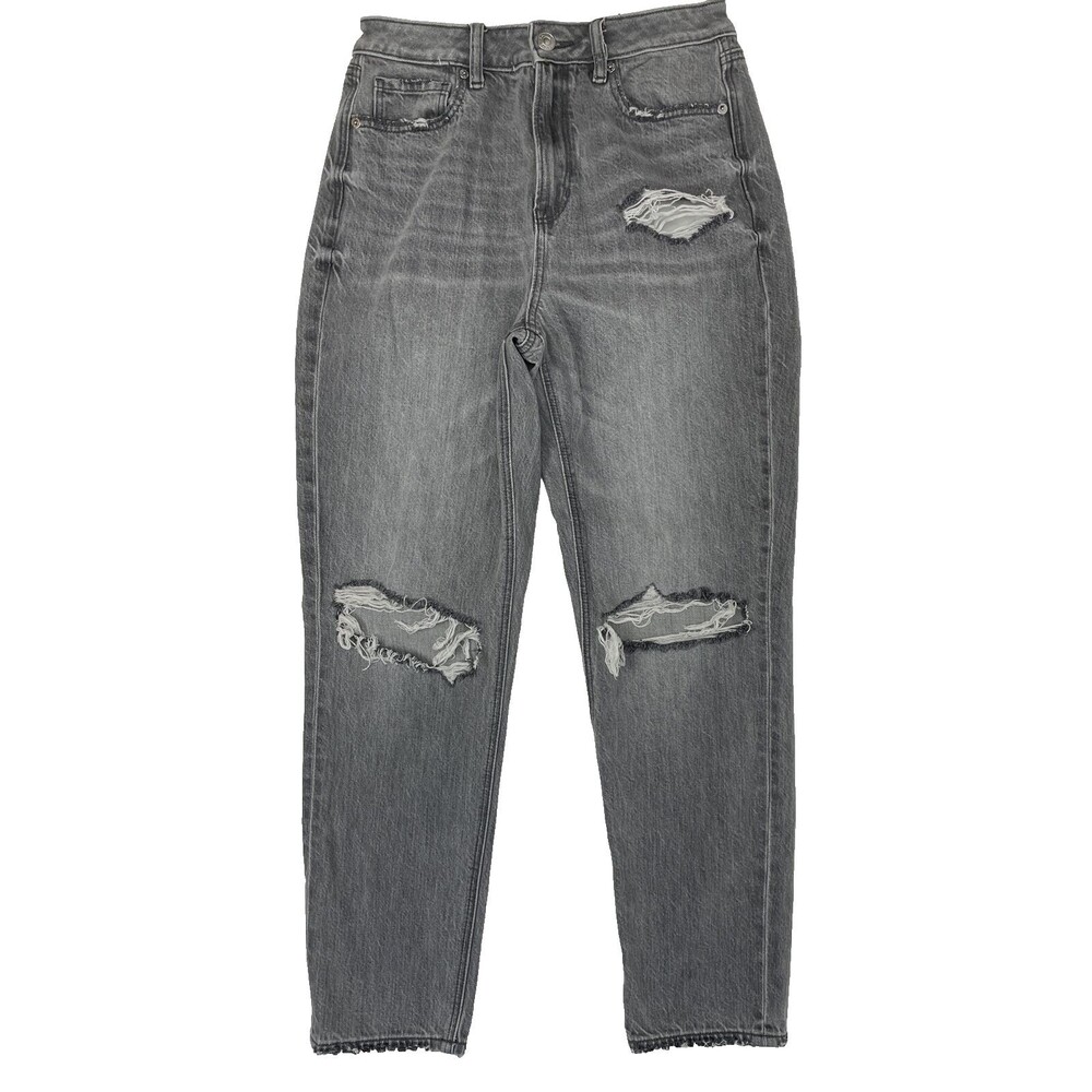 American Eagle Mom Jeans Gray Black High Rise Ankle Distressed Women's Size 4R